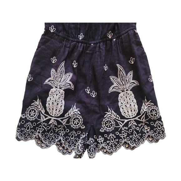 NWT Anthropologie Farm Rio Linen Pineapple Romper XS Navy Embroidered Summer - Picture 4 of 8